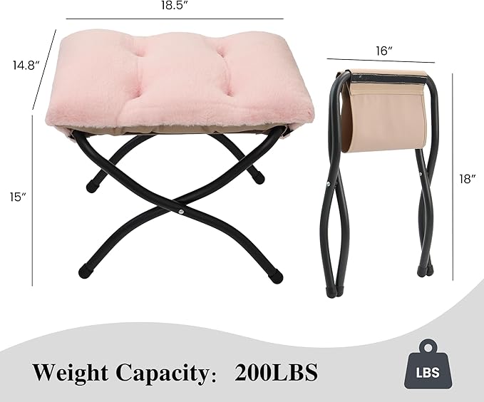 Mordchil HF 15"(H) Folding Ottoman, Foldable Footrest Stool, Portable Small Foot Stool for Couch, Collapsible Foot Rest Ottoman for Sofa, Accent Padded Ottomans for Living Room, Bedroom, Pink