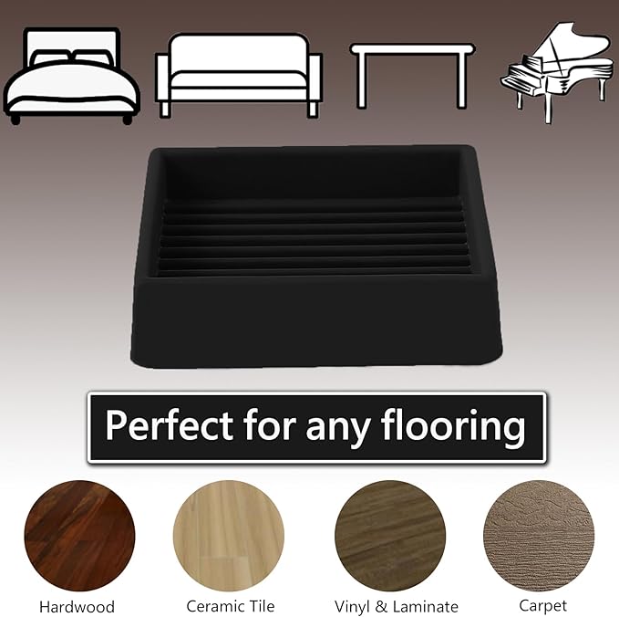 2.5x2.5 Square Rubber Furniture Caster Cups, Anti-Sliding Furniture Pads Bed Stopper Floor Protectors with Grip - Protect Any Flooring