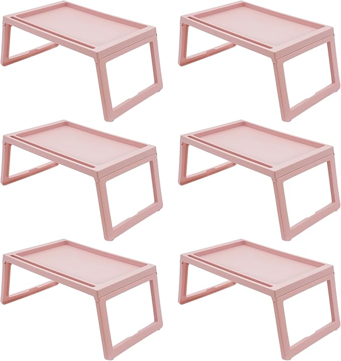 6PC Bed Tray Table with Folding Legs, Plastic Small Breakfast in Bed Tray Laptop Table Foldable Lap Desks for Eating on Sofa Laptops Sleepover Slumber Party Kids Adult (Pink)