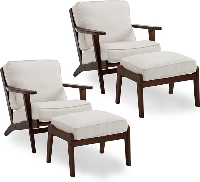 chairus Mid-Century Modern Accent Chairs with Ottoman Set of 2 Linen Fabric Upholstered Living Room Chairs for Bedroom Reading Room Lounge with Arm & Solid Wood Frame, Fabric Beige