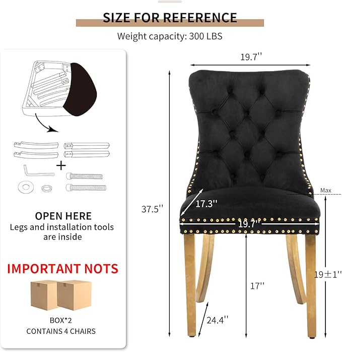 YeahFurn Mid Century Modern Dining Chairs Set of 4, Black Velvet Upholstered Tufted Back, Kitchen & Dining Room Chairs, Gold Metal Legs, Nailhead Trim, Sillas para Comedor (Black, 4 Pcs)