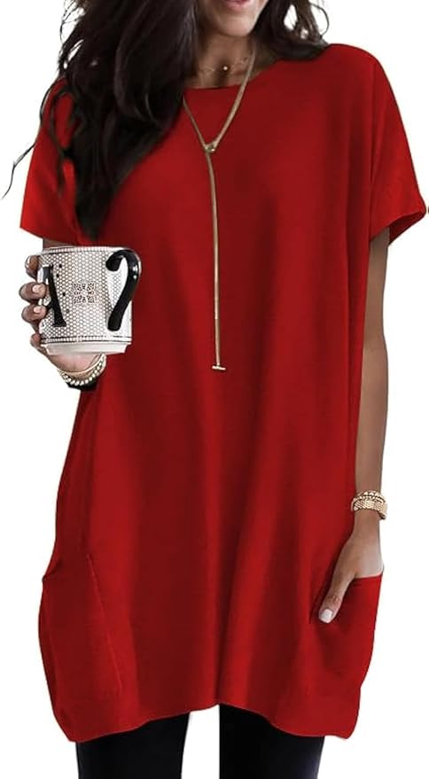 Poetsky Summer Womens Tunic Tops for Leggings with Pockets Short Sleeve Casual Long T Shirts S-3XL