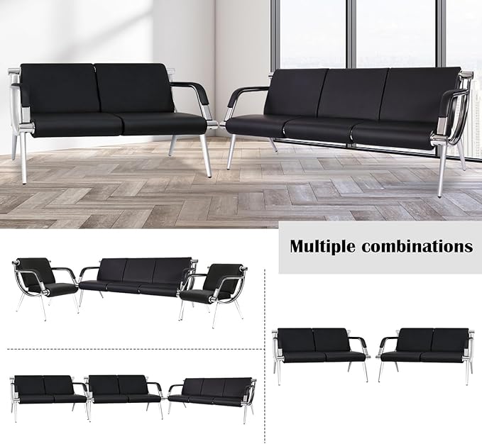 Kinquat Waiting Room Bench with Armrest - Lobby Reception Chairs, PU Leather Office Guest Seating Furniture for Salon Airport Hospital Bank, Black
