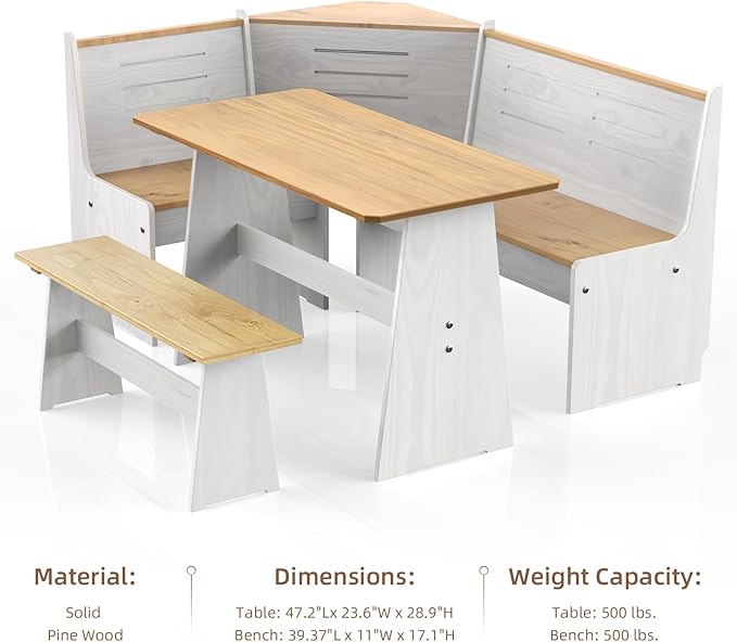 Breakfast Nook Table Set for Kitchen - White Bench Seating for Dining Room with Space Saving Solid Wood L Shaped Corner Dining Table Set Apartment for 4 to 6 People