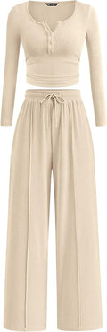 PRETTYGARDEN Women's 2026 Fall Trendy 2 Piece Outfits Lounge Sets Long Sleeve Top Henley Shirts Wide Leg Pants Travel Clothes