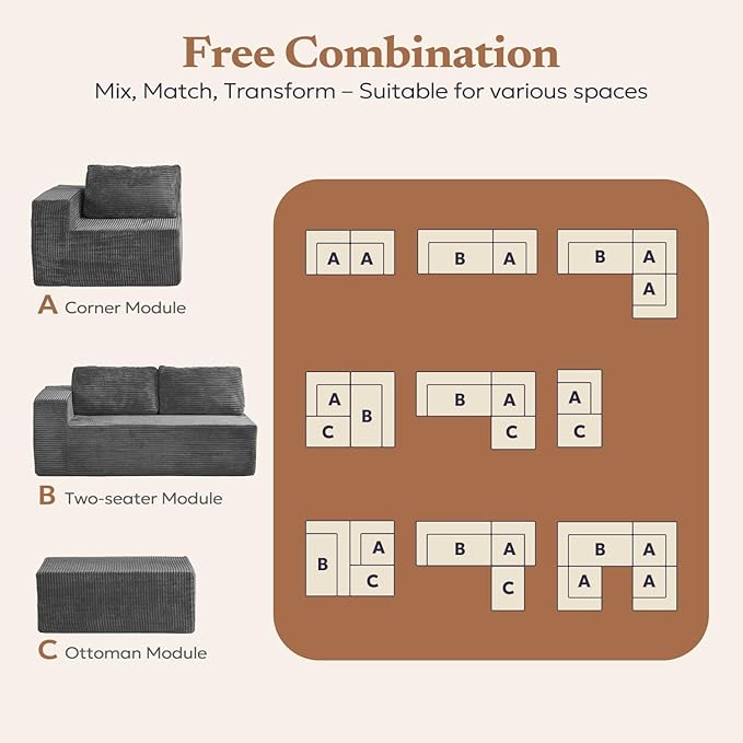 Furnify Loveseat Sofa, Cloud Modular Sofa Couch, Upholstered Floor Sofa with Deep Seat, Upholstered Foam Couch for Bedroom Living Room, No Assembly Required (Plush Corduroy Fabric, Grey)