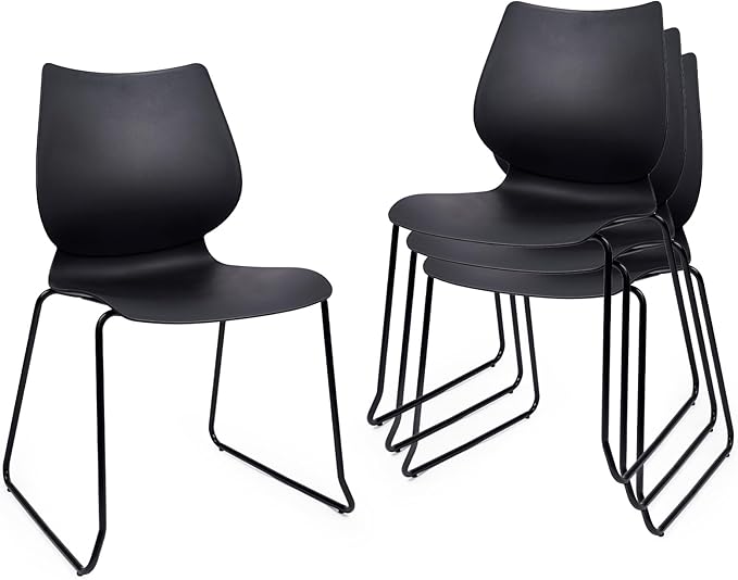 Stacking Chairs, Stackable Waiting Room Chairs, Conference Chair with Back & Church Chairs No Wheels with Metal Legs, Suitable for Offices Conference Training Waiting Room Set of 4, Black
