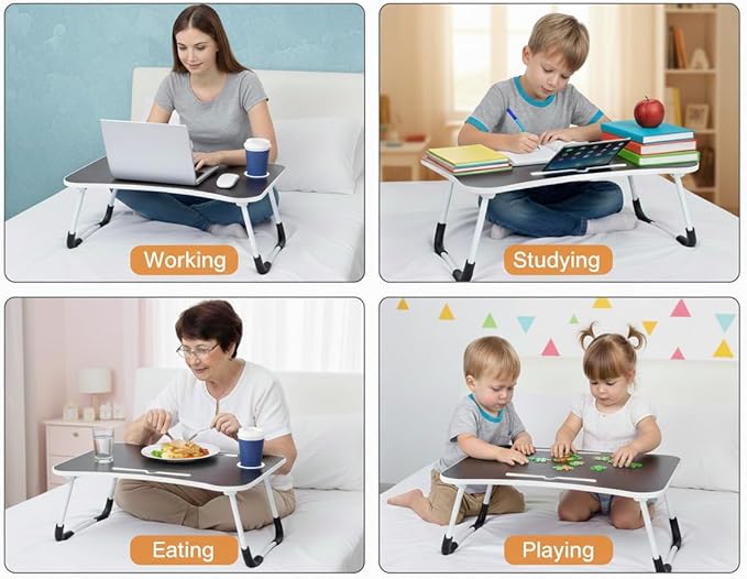 24x12in Laptop Bed Table, Foldable Lap Desk with Cup Holder & Tablet Slot, Portable Ergonomic Bed Tray for Work & Study (Black)