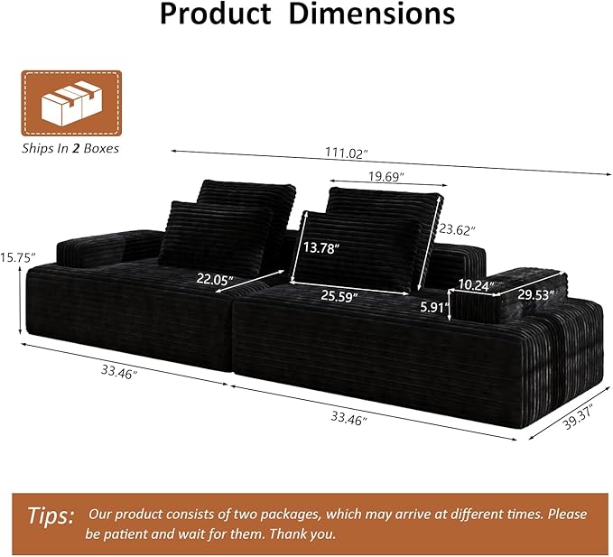 111" Oversized Chaise Lounge Boneless Chair Indoor, Cloud Couch Sectional, Sleeper Loveseat Sofa Bed, Modular Sectional Sofa,Corduroy Sofa, for Living Room, with Deep Seat, No Assembly Required ﻿