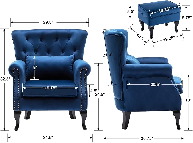 Janoray Mid Century Modern Accent Chair Upholstered Armchair Comfy Velvet Tufted Wingback Single Sofa with Ottoman for Bedroom Living Room, Blue