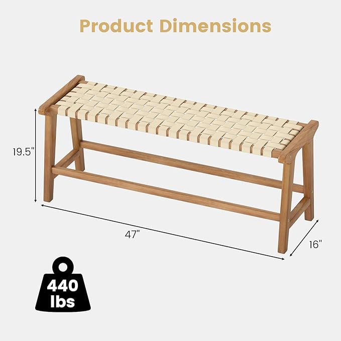 Tangkula Teak Wood Outdoor Bench, Patio Backless Wooden Dining Bench with Weave Seat, Solid Wood Legs, Indoor & Outdoor Wooden Bench for Porch, Backyard, Deck, Entryway (Natural,1)
