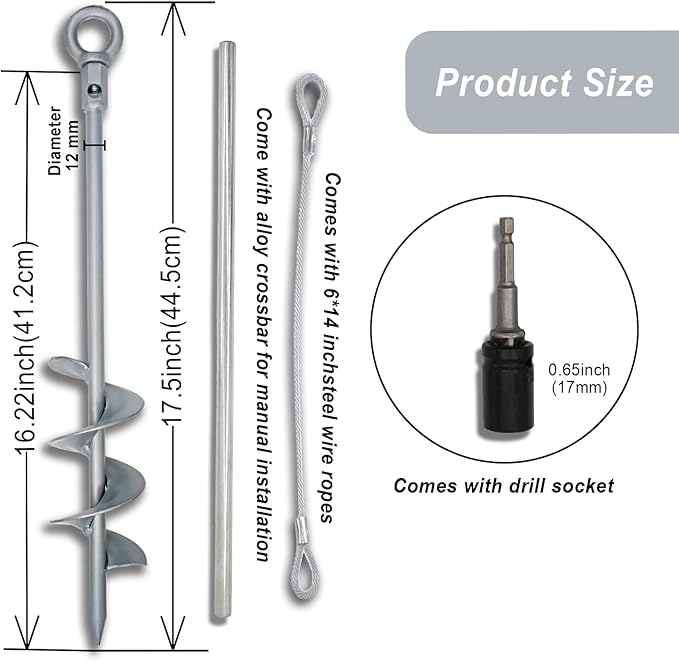 Tyalez 18 inch Ground Anchor Heavy Duty Earth Anchors Set Screw in for Mobile Home, Swing, Tent Trampoline Anchors Wind Resistant Tree Stakes and Supports with Drill Socket, 6 Pack