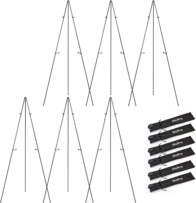 Nicpro Art Folding Easels for Display, 6 Pack 63 Inches Metal Floor Easel Stand Bulk Tripod Black Collapsible for Sign Artist Poster Wedding | with Carry Bag