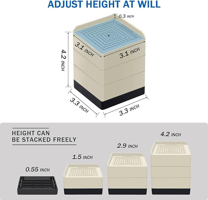 ANNKUT Bed Lifts Risers 4 Inch, Heavy Duty Furniture Elevator in Heights of 1.5, 3 or 4 Inch， Square Raising Blocks for Bed, Couch, Desk, Sofa, Tables,Support Up to 1,300 Lbs (4 Pack-Apricot)