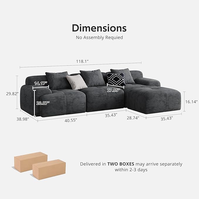 Aosaifen Modern L-Shaped Modular Sectional Sofa for Living Room，Oversized 3-Seater Couch with Deep Seat and Movable Ottoman – No Assembly,Comfortable Suede Fabric Boneless Sofa(Dark Gray) (Dark Gray)