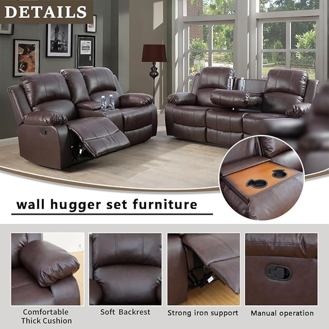 AYCP Bonded Leather Living Room Furniture Set Reclining Sofa Set Loveseat Furniture Sets in Living Room Sofa Recliners (Sofa+Loveseat, Brown)