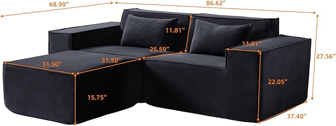 JACH 86.62" Modular Sectional Couch, Huge Plus Love Seat Sofa, Modern Comfy Cloud Couches with Reversible Chaise Ottoman, Sofa Furniture for Living Room, Office, Apartment, Black