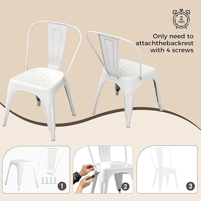 Metal Dining Chairs Set of 6 - Stackable Tolix Chair Indoor/Outdoor for Kitchen, Cafe,Restaurant, Bistro & Patio Multiple Colors(White)