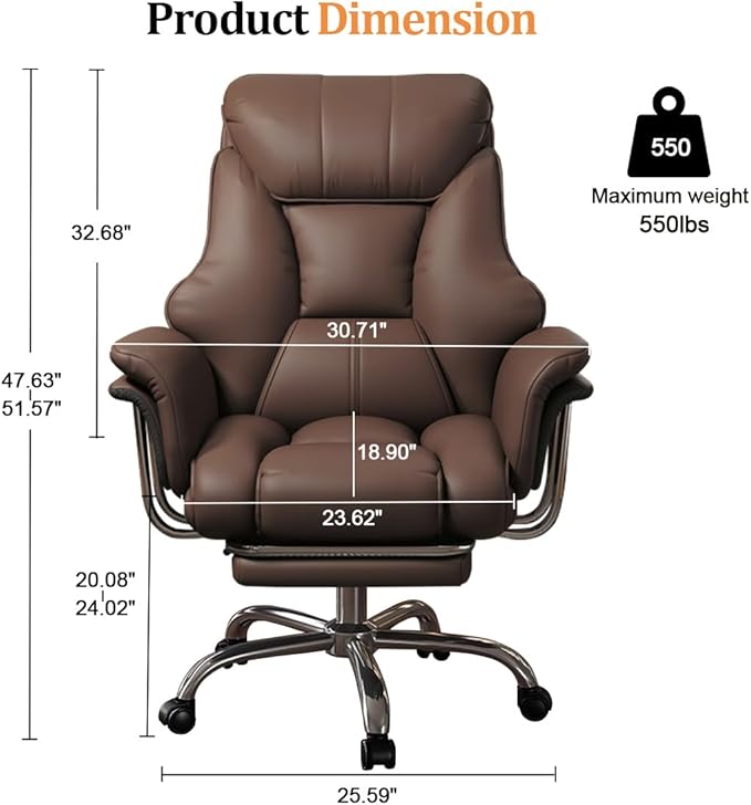 BTFYOU Big and Tall Office Chair with Armrests Executive Chair with Footrest and Spring Lumbar Support High Back Leather Ergonomic Chair Adjustable Height Tilt Lock for Business
