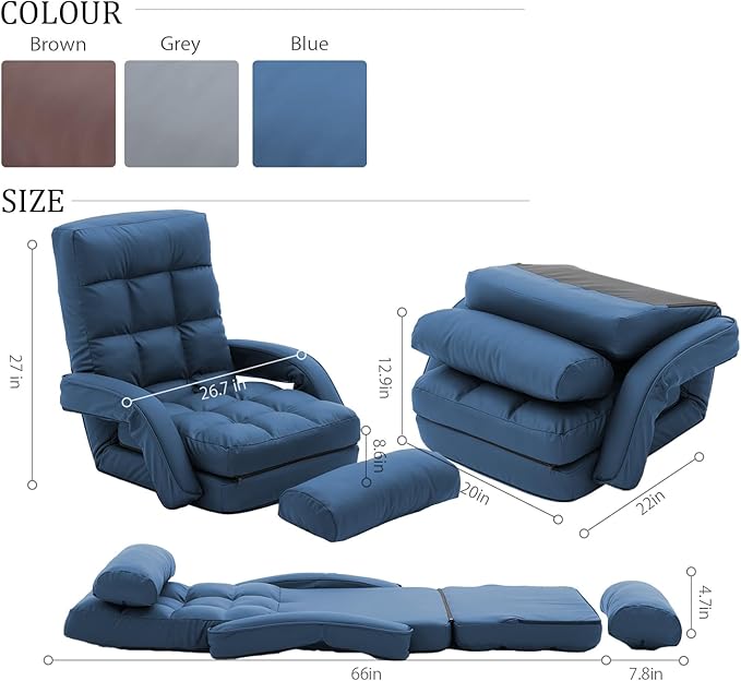 FLOGUOR 14-Position Adjustable Floor Chair, Chaise Lounge Indoor, Folding Lazy Sofa with Armrests and a Pillow Padded Adults Gaming Chairs for Living Room, Bedroom Factory Price,8803 (Blue（PU）)