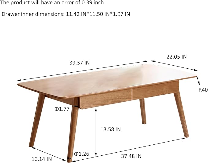 HanStrong 39.37" Center Coffee Table 100% Solid Wood Top Plate Desk Study Desk Work from Home with Storage Shelf,Oak