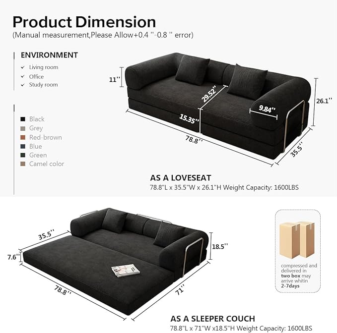 YUODL 78.8" Modular Sofa Bed - 4-in-1 Convertible Design with Corduroy Fabric and High Density Sponge, Removable Cover and Fixed Frame