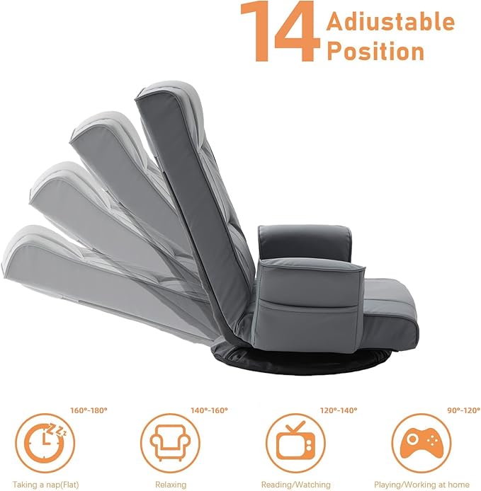 FLOGUOR 360° Swivel Gaming Floor Chair with Armrests – 14-Position Adjustable Folding Floor Sofa Lounger, Padded Backrest, Multi-Angle Recline for Home, Living Room & Office (Grey)