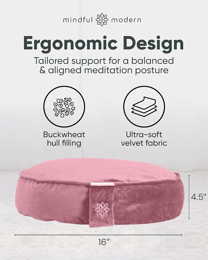 Mindful Modern Velvet Meditation Cushion | Luxe Zafu Yoga Floor Pillow Seat | Posture Support | Buckwheat Hull Filled | Large Round Cushion with Removable Washable Cover + Carry Handle