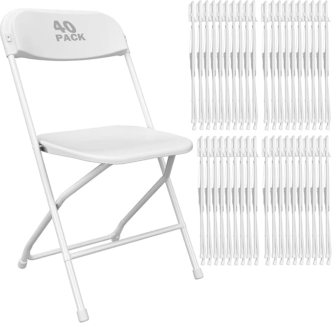 40 Pack White Plastic Folding Chair, Indoor Outdoor Portable Stackable Commercial Seat with Steel Frame 350lb. Capacity for Events Office Wedding Party Picnic Kitchen Dining