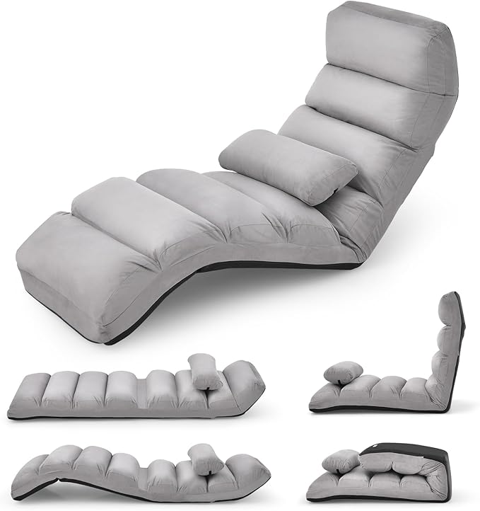 Giantex Folding Lazy Sofa Chair, Modern Chaise Lounge W/Pillow for Reading Leisure, Foldable Comfy Floor Accent Chair for Bedroom Living Room (Gray)