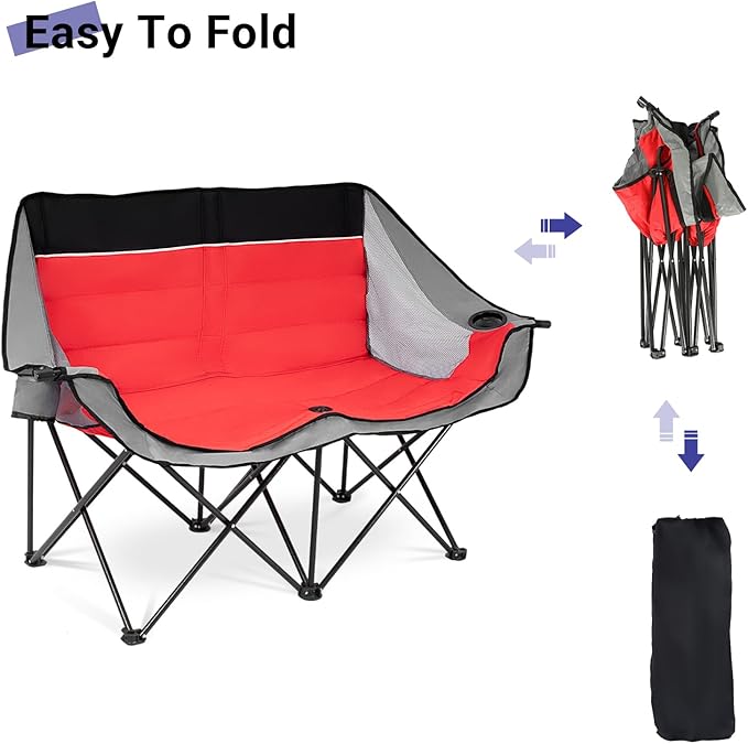 Double Camping Chair Outdoor 2-Seater Oversized 2 Person Portable Folding Lawn Chair with Cup Holders & Mesh Storage Pocket for Picnic, Camping, Beach, Sports, Hiking