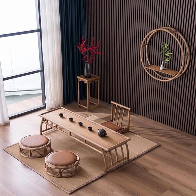 Rattan Low Stool, Hand-Woven Round Rattan Cushion, Meditation Floor Mat, Vintage Futon Cushion, Yoga Cushion, Suitable for Bedroom, Balcony(Brown,45 * 15cm/17.7 * 5.9in)