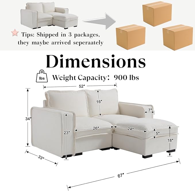 HEAY-YO 67 Inches Modern Modular Sectional Sofa,L Shape 2-Seater Comfy Couch with Moveable Ottoman,Floor Sofa for Living Room Bedroom Apartment,Linen White
