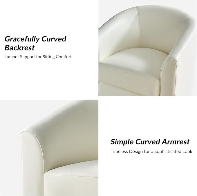 HULALA HOME Faux Leather Swivel Accent Chair with Solid Wood Base, Round Swivel Barrel Chair for Living Room and Bedroom, White