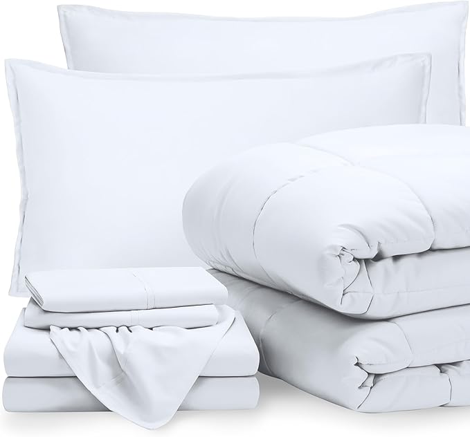 Bare Home Bed-in-A-Bag 8 Piece Comforter & Sheet Set - Split California King - Goose Down Alternative - Ultra-Soft 1800 Premium Bed Set (Split Cal King, White/White)