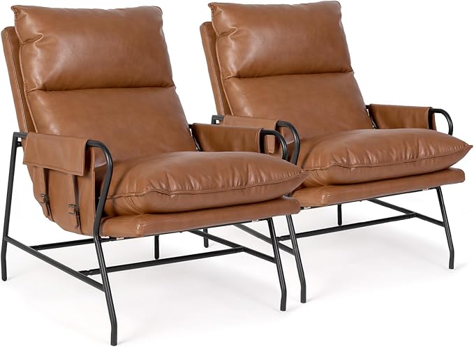 Faux Leather Accent Chair Set of 2 for Living Room, 24" High Backrest Upholstered Armchair, Soft Thickened Cushion Comfy Leisure Chair, Mid Century Modern Single Sofa, Light Brown