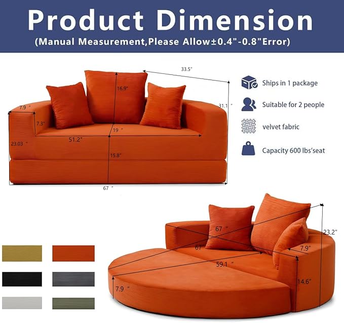 67" Round Convertible Folding Sofa Bed, Boneless Couch Loveseat, Floor Sleeper Chaise Lounge for Living Room, Apartment, Dorm, Small Spaces, Orange