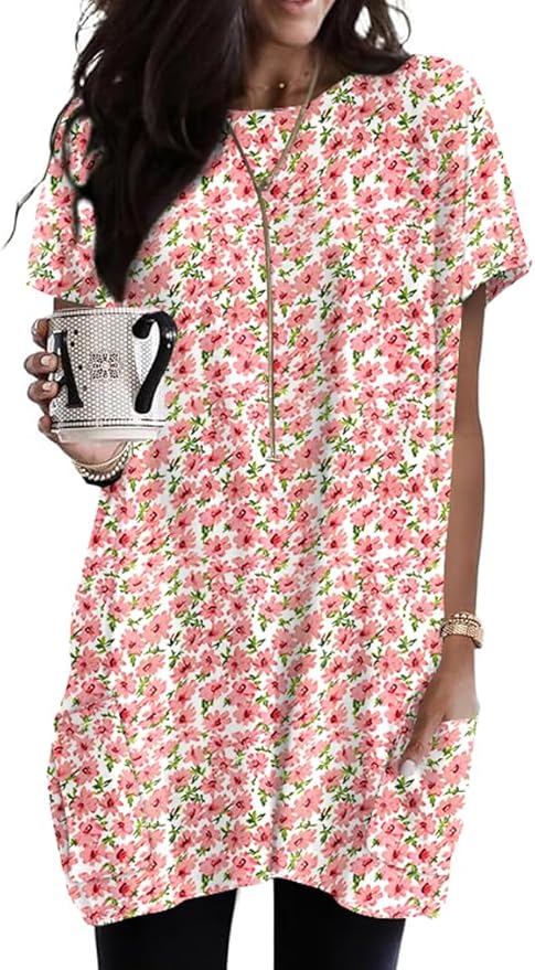 Poetsky Summer Womens Tunic Tops for Leggings with Pockets Short Sleeve Casual Long T Shirts S-3XL