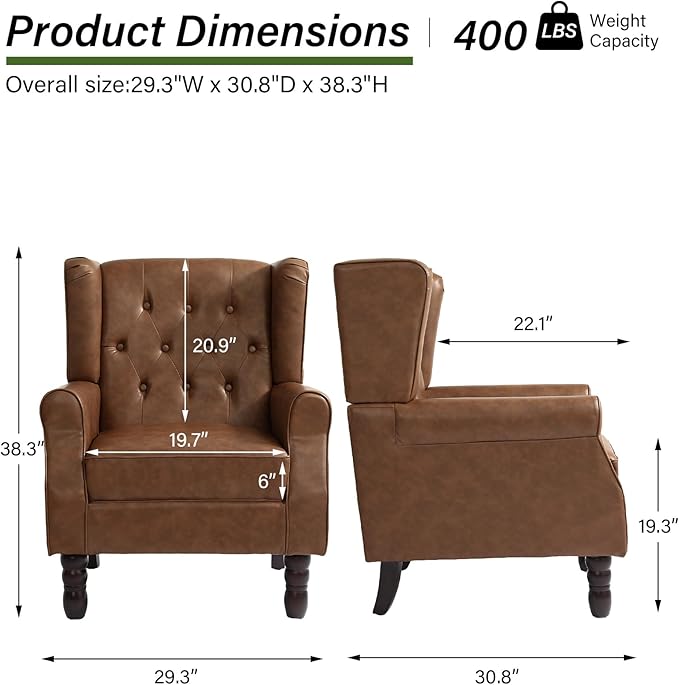 DREAMSIDEA Accent Chair, Upholstered Armchair with Button Tufted High Back & Solid Wood Legs, Comfy Wingback Reading Single Sofa Chair for Small Spaces, Living Room, Bedroom (Leather Brown, Set of 2)