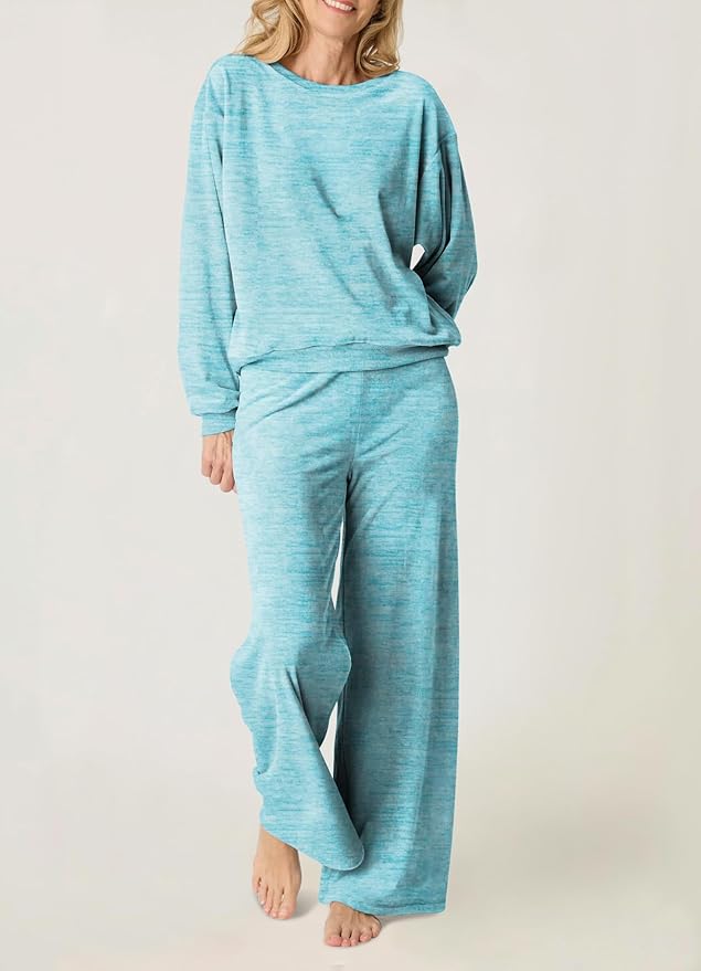 Aamikast Women's 2-Piece Lounge Set Soft Brushed Jersey Sleepwear Pajamas Set Long Sleeve Top & Wide Leg Pants