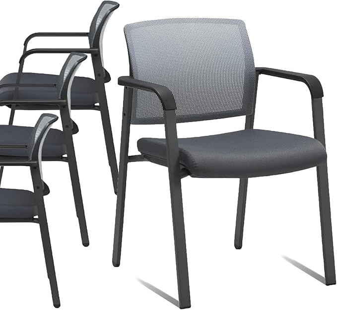 CLATINA Mesh Back Stacking Arm Chairs, Office Reception Guest Chair, Desk Chair No Wheels Ergonomic Lumbar Support and Thickened Seat Cushion for Waiting Conference Room Grey (4 Pack)