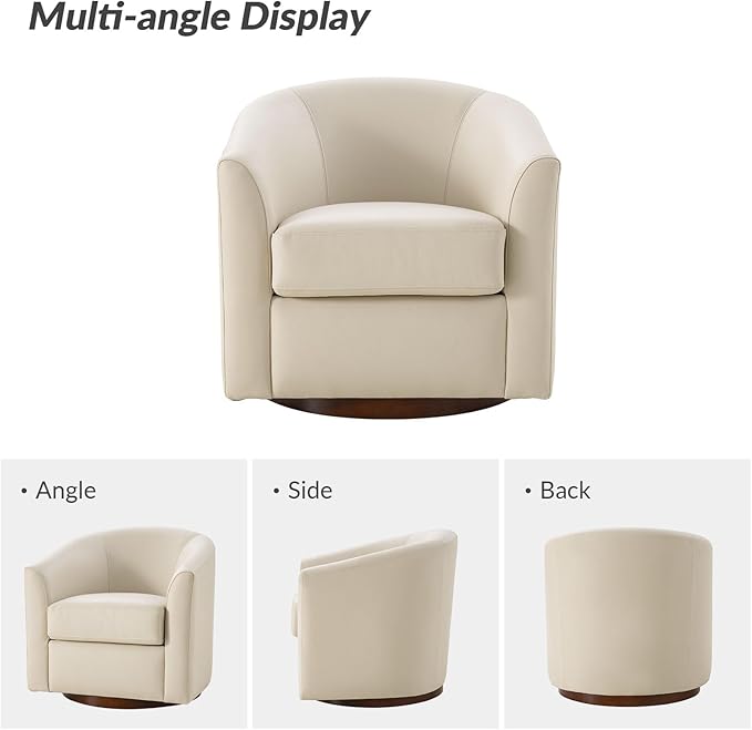 HULALA HOME Genuine Leather Swivel Accent Chair with Solid Wood Base, Round Swivel Barrel Chair for Living Room and Bedroom, No Assembly Required, Beige