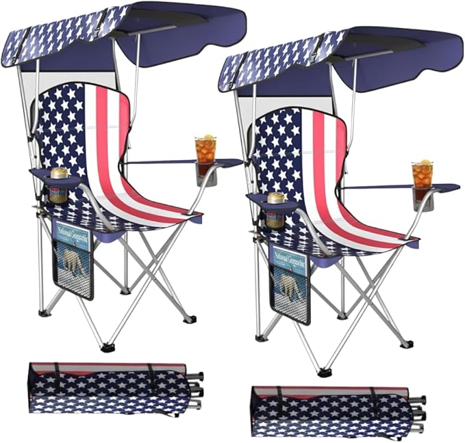 CozyBox Portable Folding Camping Chairs with Canopy Shade, Beach Chair for Adults, Durable Weather Resistant 600D Oxford Cloth, Camping Chair with Canopy for Outdoors [Flag-2 Pack]