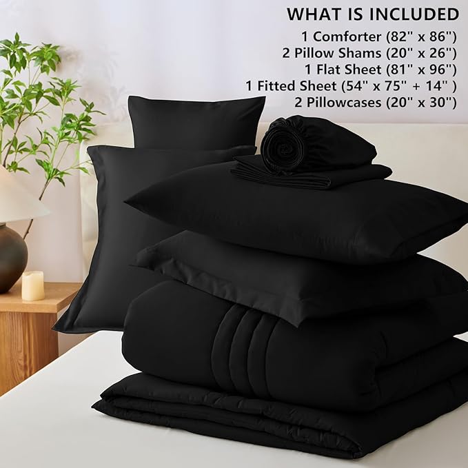 CozyLux Full Size Comforter Sets - 7 Piece Bed in a Bag Black Comforter Set with Sheets Luxury Bed Set All Seasons, Soft Bedding Set with Down Alternative Comforter, Sheets, Pillowcases & Shams