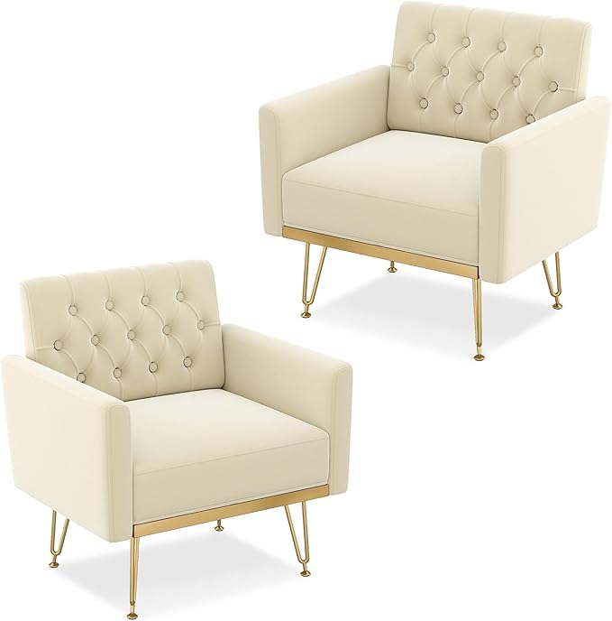 Accent Chair for Living Room, Comfy Oversized Velvet Upholstered Arm Chairs, Mid Century Modern Reading Single Sofa Side Chair with Tufted Back and Gold Legs for Bedroom (2, Beige)