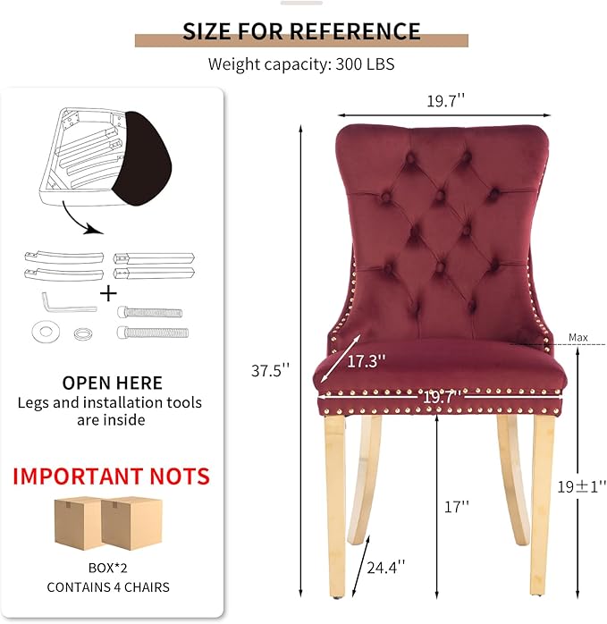 YeahFurn Mid Century Modern Dining Chairs Set of 4, Red Velvet Upholstered Tufted Back, Kitchen & Dining Room Chairs, Gold Metal Legs, Nailhead Trim, Sillas para Comedor (Red, 4 Pcs)