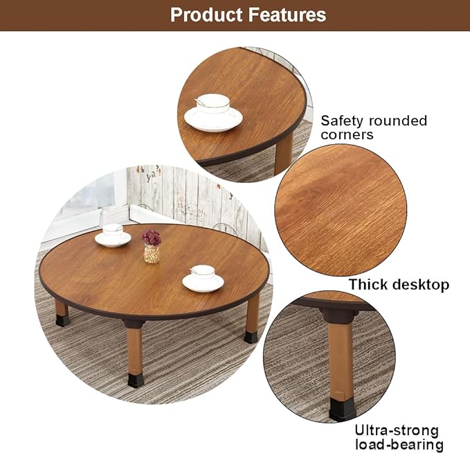 Japanese Foldable Coffee Table, Portable Low Tea Table Wooden Folding Dining Study Breakfast Serving Table Collapsable Small Desk Tatami Sitting On The Floor Table (31.5 * 11.8in, Round)