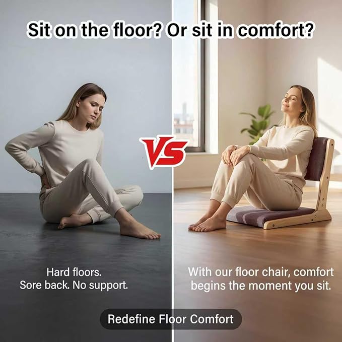 Tiita 2Pcs Floor Games Chair, Foldable Meditation Tatami Chairs, Backrest Chair with Cushion, Living Room Chair Seat, Wood Grey