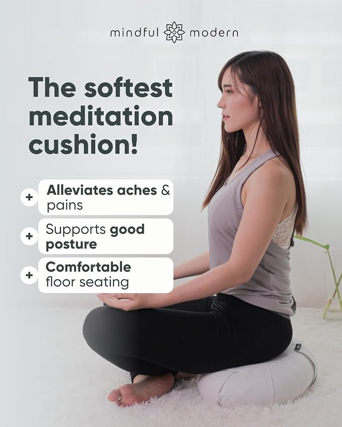 Mindful Modern Large Meditation Cushion | Zafu Yoga Bolster Meditation Floor Pillow Seat | Buckwheat Hull Filled Crescent Shaped Cushion with Removable Washable Cover + Carry Handle | White