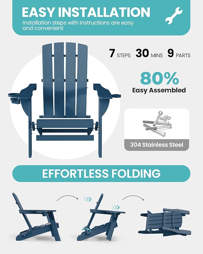 Folding Adirondack Chair 2 Pack, HDPE All-Weather Fire Pit Chairs, Plastic Adirondack Chairs with 2 Cup Holder, Outdoor Lawn Chair for Patio Garden (New Blue)